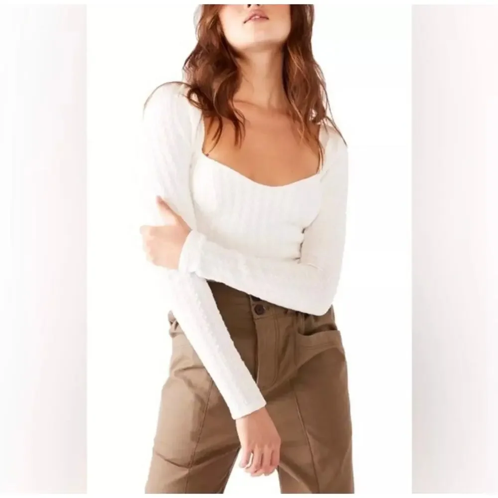 NWT FREE PEOPLE Brittany White Ribbed Puff Sleeve Top Large White Boho